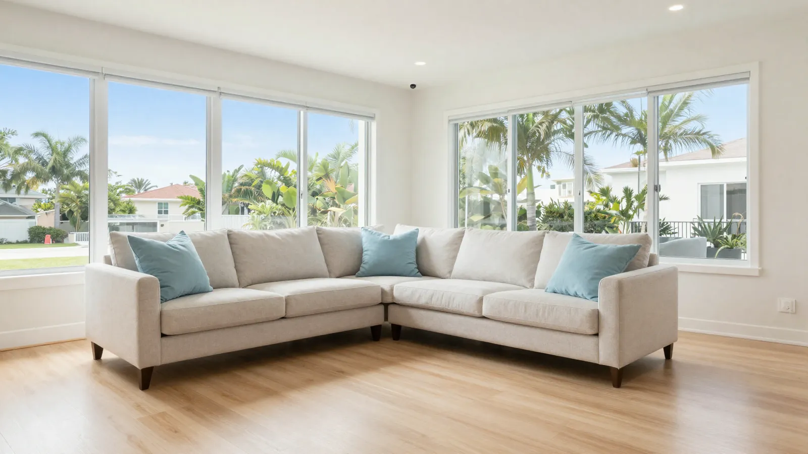 Spotless, sunlit Tampa Bay living room cleaned by Yana's Cleaning Company
